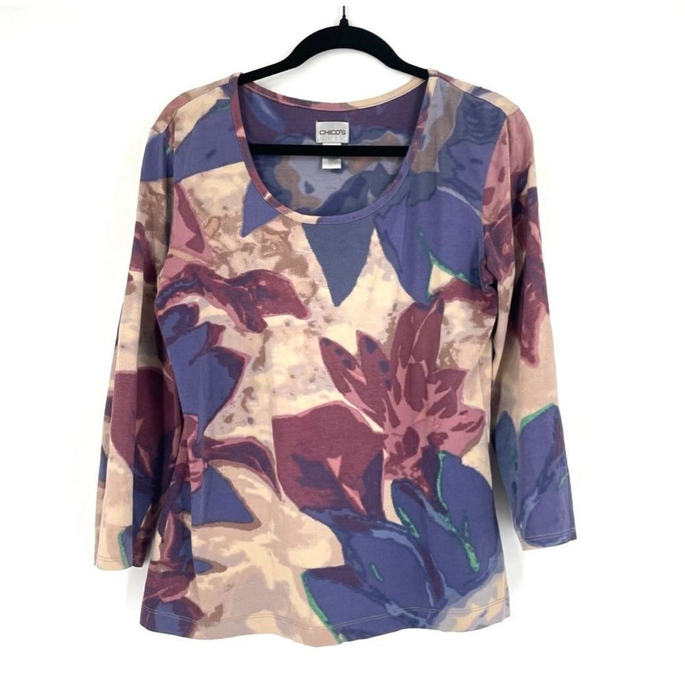 Chicos Women's Floral Print Scoop Neck 3/4 Sleeve‎ Blouse Top Purple Pink large